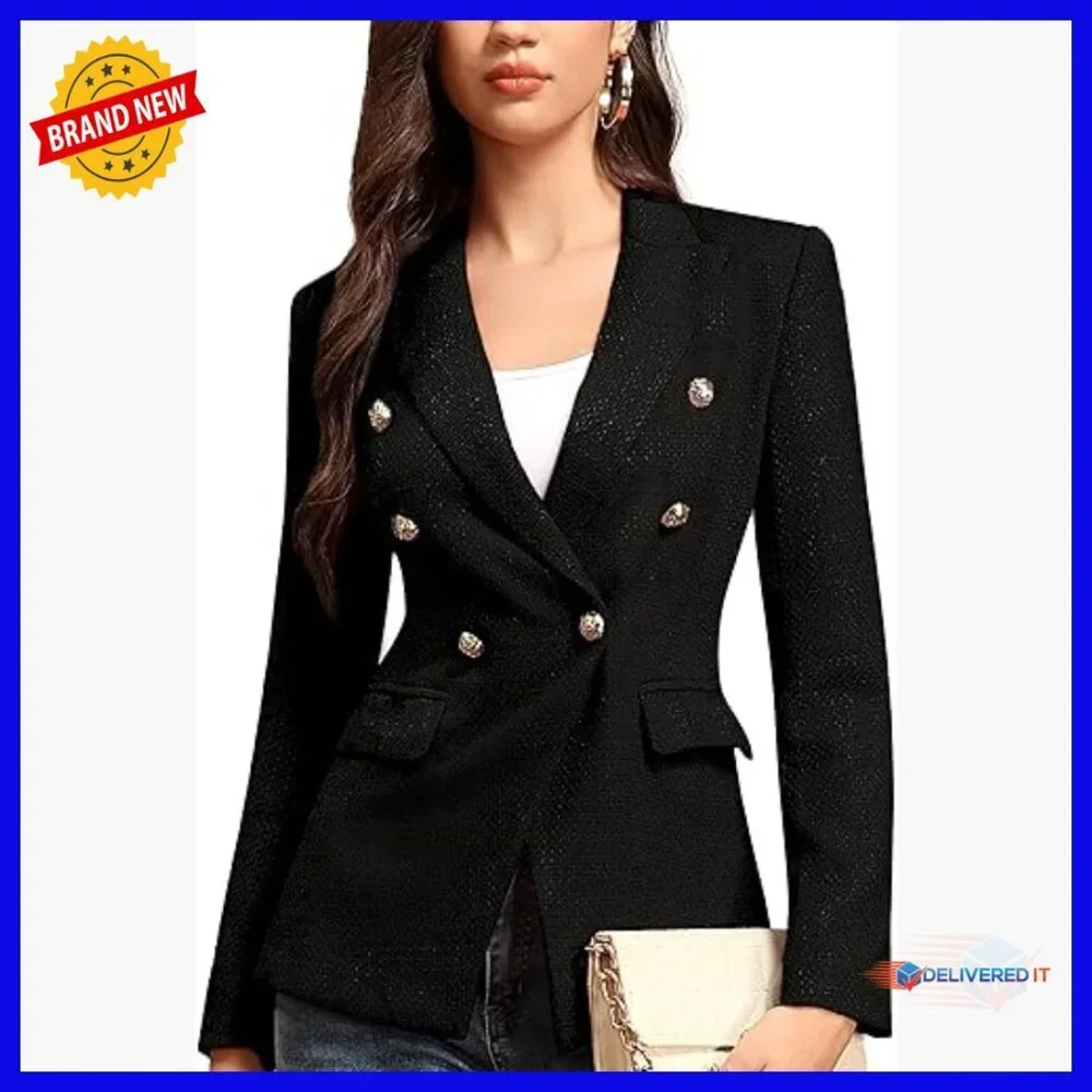 Double Breasted Blazer Slim Fit Tweed Office Jacket Long Sleeve